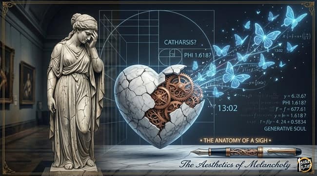 A conceptual illustration titled 'The Luminous Shadow?', featuring a modern, solitary room with a minimalist chair, a bleeding classical painting that turns into elegant poetic verses, and deep indigo twilight outside the window, all unified by a complex data matrix.