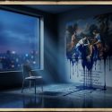 A conceptual illustration titled 'The Luminous Shadow?', featuring a modern, solitary room with a minimalist chair, a bleeding classical painting that turns into elegant poetic verses, and deep indigo twilight outside the window. Aesthetics of Melancholy.