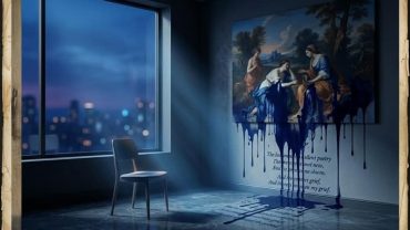 A conceptual illustration titled 'The Luminous Shadow?', featuring a modern, solitary room with a minimalist chair, a bleeding classical painting that turns into elegant poetic verses, and deep indigo twilight outside the window. Aesthetics of Melancholy.