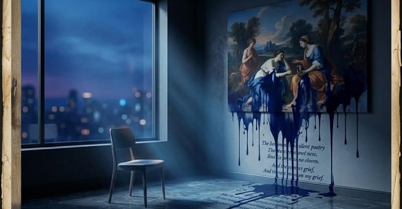 A conceptual illustration titled 'The Luminous Shadow?', featuring a modern, solitary room with a minimalist chair, a bleeding classical painting that turns into elegant poetic verses, and deep indigo twilight outside the window. Aesthetics of Melancholy.