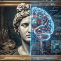 Anatomy of Digital Soul: A conceptual split illustration of a classical stone bust on the left and a glowing, transparent neural brain blueprint with electric blue and copper neural networks on the right, visualizing AI consciousness in art.