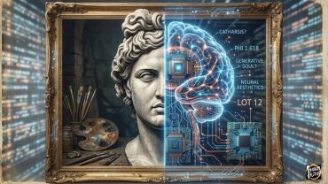 Anatomy of Digital Soul: A conceptual split illustration of a classical stone bust on the left and a glowing, transparent neural brain blueprint with electric blue and copper neural networks on the right, visualizing AI consciousness in art.