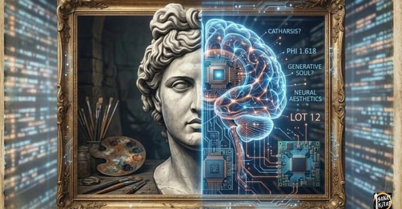 Anatomy of Digital Soul: A conceptual split illustration of a classical stone bust on the left and a glowing, transparent neural brain blueprint with electric blue and copper neural networks on the right, visualizing AI consciousness in art.