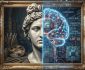 Anatomy of Digital Soul: A conceptual split illustration of a classical stone bust on the left and a glowing, transparent neural brain blueprint with electric blue and copper neural networks on the right, visualizing AI consciousness in art.
