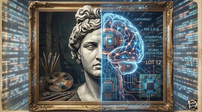 Anatomy of Digital Soul: A conceptual split illustration of a classical stone bust on the left and a glowing, transparent neural brain blueprint with electric blue and copper neural networks on the right, visualizing AI consciousness in art.