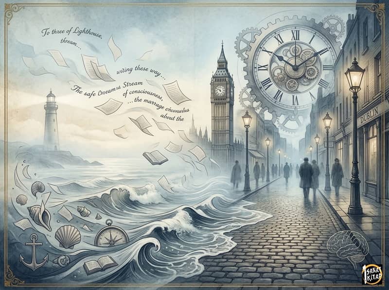 A symbolic representation of the modernist narrative journey. The misty, fragmented left side evokes Woolf’s coastline, where 'stream of consciousness' pages flow from a distant lighthouse, while the dream-like right side transforms into a hazy Dublin street, illustrating Joyce’s interior monologue technique.