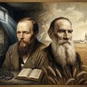 Existentialism in Russian Literature: An artistic collage comparing Dostoevsky's dark, guilt-ridden prison with Tolstoy's luminous, infinite natural landscape.