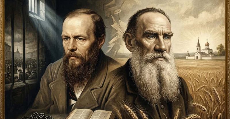 Existentialism in Russian Literature: An artistic collage comparing Dostoevsky's dark, guilt-ridden prison with Tolstoy's luminous, infinite natural landscape.