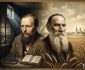 Existentialism in Russian Literature: An artistic collage comparing Dostoevsky's dark, guilt-ridden prison with Tolstoy's luminous, infinite natural landscape.