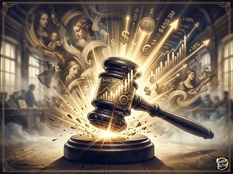Auction house gavel: a dramatic illustration showing a gavel’s impact unleashing a cascade of borsa charts, currency symbols, and record auction prices.