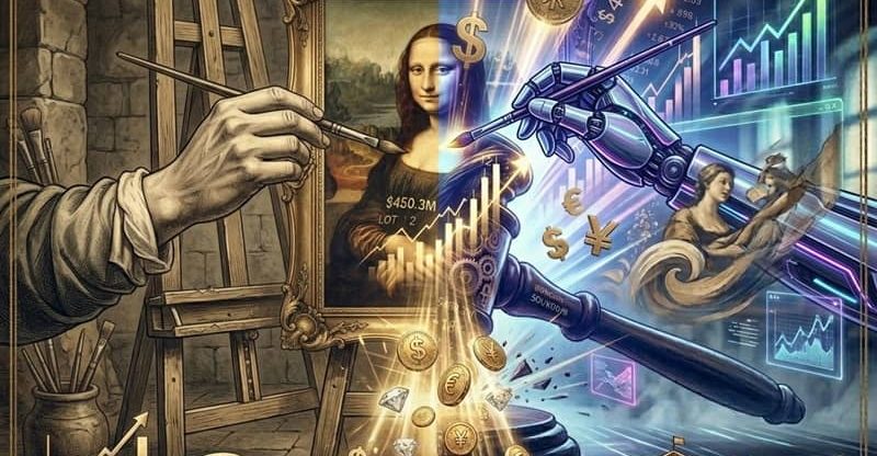 Ethics of AI Art: a surreal collage comparing a human hand with a classical brush to a robotic hand releasing cascading wealth and market data.