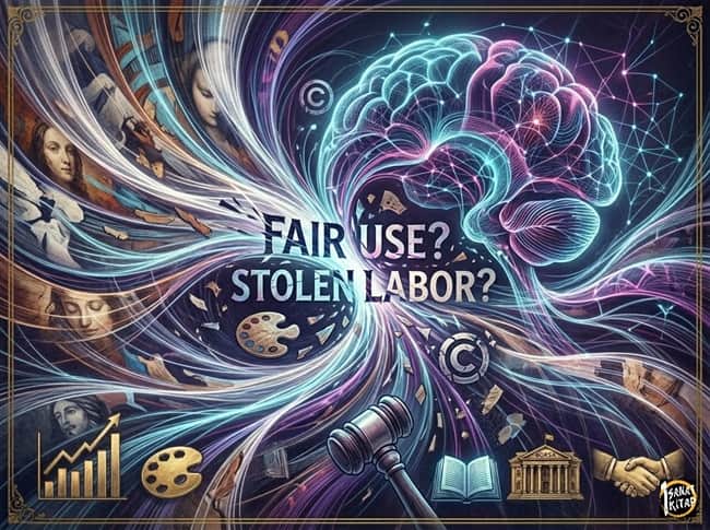 A high-end illustration of a complex vortex of stolen light fibers being scraped by a translucent AI entity, with fractured 'FAIR USE?' and 'STOLEN LABOR?' text clashing at the core.
