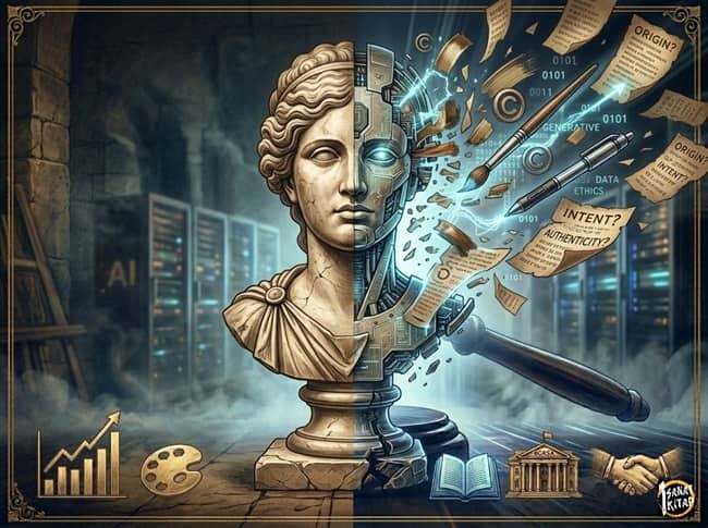 Ethics of AI Art: a high-end illustration of a split classical muse fragmented by holographic AI data, cascading code, and intellectual property (©) symbols.