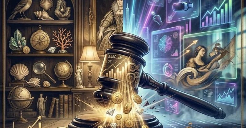 Evolution of Art Curation: a surreal collage comparing an antique Kunstkammer with a futuristic digital gallery displaying floating screens.