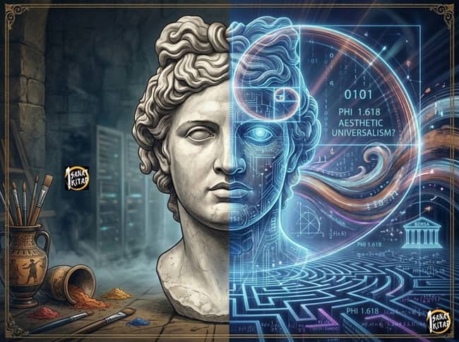 The Golden Ratio in Classical Art: a clean, high-end illustration of a split classical bust (Apollo Belvedere), stone on the left, and a transparent digital blueprint with a glowing Fibonacci spiral and mathematical formulas on the right.