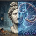 The Golden Ratio in Classical Art: a clean, high-end illustration of a split classical bust (Apollo Belvedere), stone on the left, and a transparent digital blueprint with a glowing Fibonacci spiral and mathematical formulas on the right.