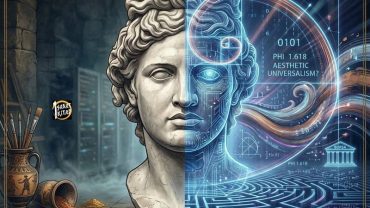 The Golden Ratio in Classical Art: a clean, high-end illustration of a split classical bust (Apollo Belvedere), stone on the left, and a transparent digital blueprint with a glowing Fibonacci spiral and mathematical formulas on the right.
