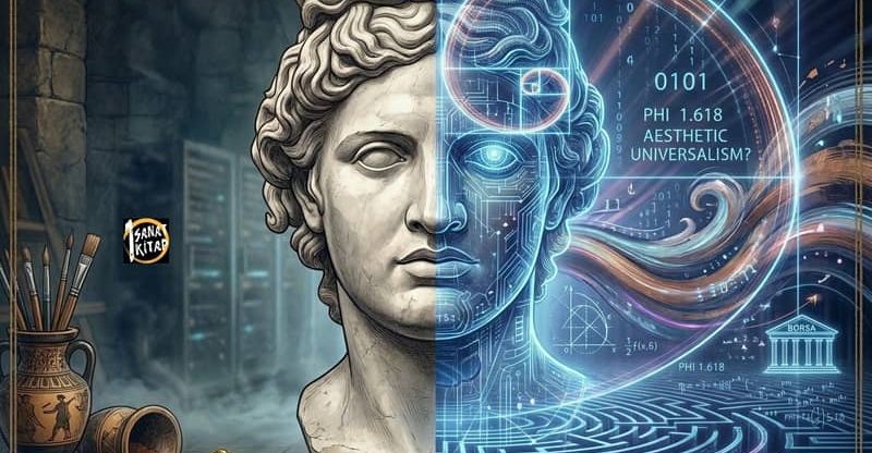 The Golden Ratio in Classical Art: a clean, high-end illustration of a split classical bust (Apollo Belvedere), stone on the left, and a transparent digital blueprint with a glowing Fibonacci spiral and mathematical formulas on the right.