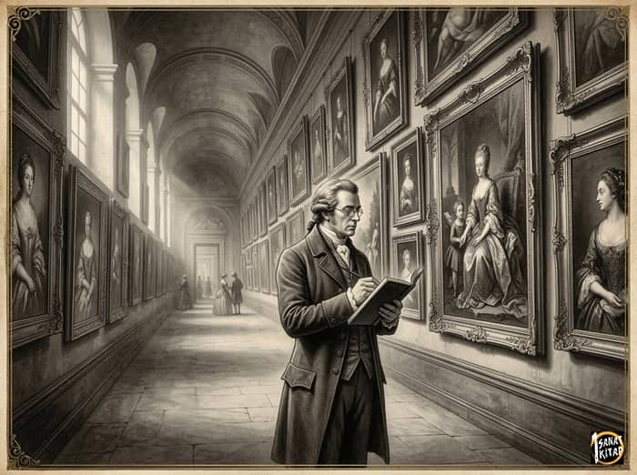 Classic curator in the Louvre hallways representing 18th-century Enlightenment museology.