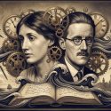 Modernist literature symbols: an artistic collage with Virginia Woolf and James Joyce, combining clock gears, sea waves, and internal monologues.
