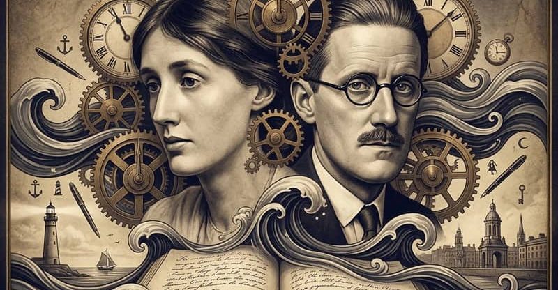 Modernist literature symbols: an artistic collage with Virginia Woolf and James Joyce, combining clock gears, sea waves, and internal monologues.