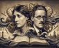 Modernist literature symbols: an artistic collage with Virginia Woolf and James Joyce, combining clock gears, sea waves, and internal monologues.