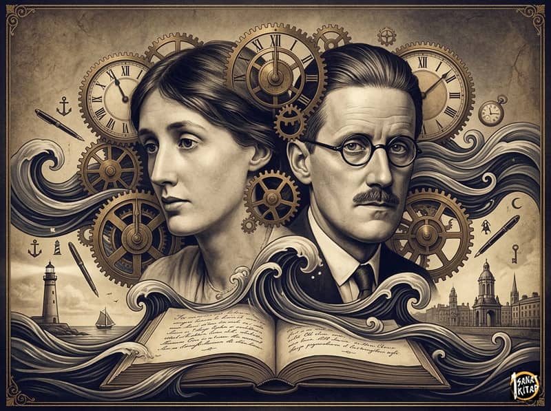 Modernist literature symbols: an artistic collage with Virginia Woolf and James Joyce, combining clock gears, sea waves, and internal monologues.