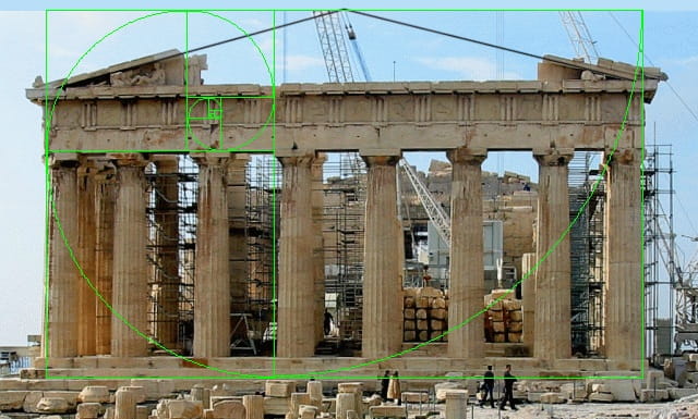 Golden Ratio in Classical Art: A conceptual architectural analysis of the Parthenon, Athens, with a high-resolution technical overlay of a precise Golden Rectangle grid and a glowing Fibonacci spiral in Electric Blue and Copper tones, visualizing the contested theory of mathematical perfection.