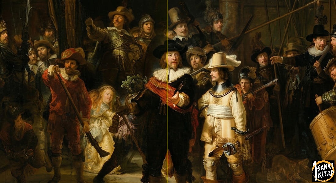 Art restoration ethics comparison showing the left side with old varnish and the right side cleaned to reveal original colors.