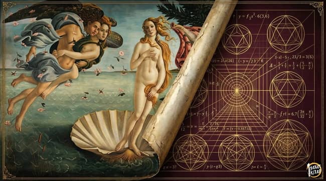 A conceptual split illustration titled 'Aesthetic Universalism?', stone bust on the left, transparent blueprint with glowing blue Fibonacci spiral and data streams on the right, for 'The Golden Ratio in Classical Art' article.