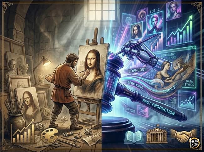 A visual representation of the automation of creativity. The contrast between the human artist's painstaking process and the AI’s low-cost, fast production illustrates the growing fear of economic displacement and the struggle for authenticity in the modern art market.