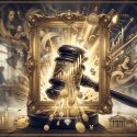 The Economics of Fine Art: a surreal collage showing a golden frame in an auction hall, with gold coins and borsa charts flowing, symbolizing high-stakes investment and record auction prices.