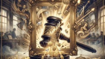 The Economics of Fine Art: a surreal collage showing a golden frame in an auction hall, with gold coins and borsa charts flowing, symbolizing high-stakes investment and record auction prices.