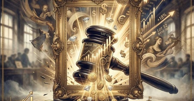 The Economics of Fine Art: a surreal collage showing a golden frame in an auction hall, with gold coins and borsa charts flowing, symbolizing high-stakes investment and record auction prices.