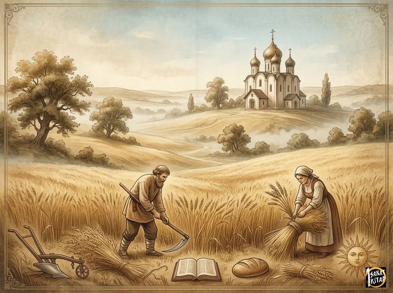 A symbolic representation of the simple life in Tolstoy's existential philosophy. Two Russian peasants work in a golden wheat field in earth and gold tones, illustrating the authentic, collective, and pastoral existence that Tolstoy believed offered salvation from modern absurdity, contrasted with the distant monastery representing spiritual integrity.