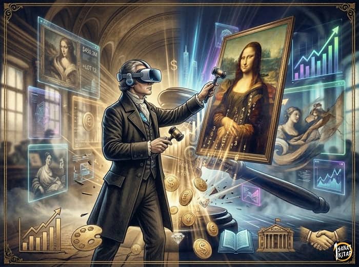 Futuristic virtual exhibition design showing a user interacting with digital art via VR headset.